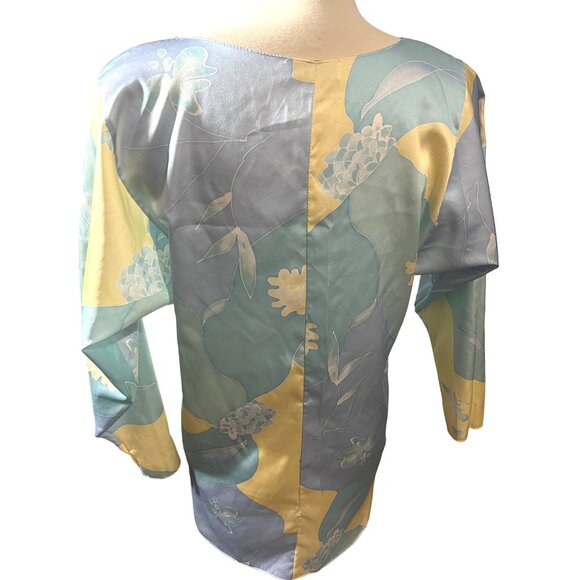 Miss Elaine Vintage Silky Floral Seventies Blouse Sz Small/Med Womens Yellow & B - Picture 2 of 11